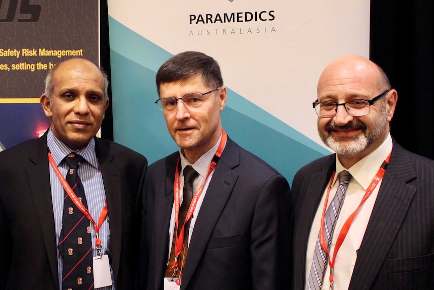 Dr Sudhakar Rao (left) with trauma surgeon John Crozier and Professor George Braitberg (right) at the conference