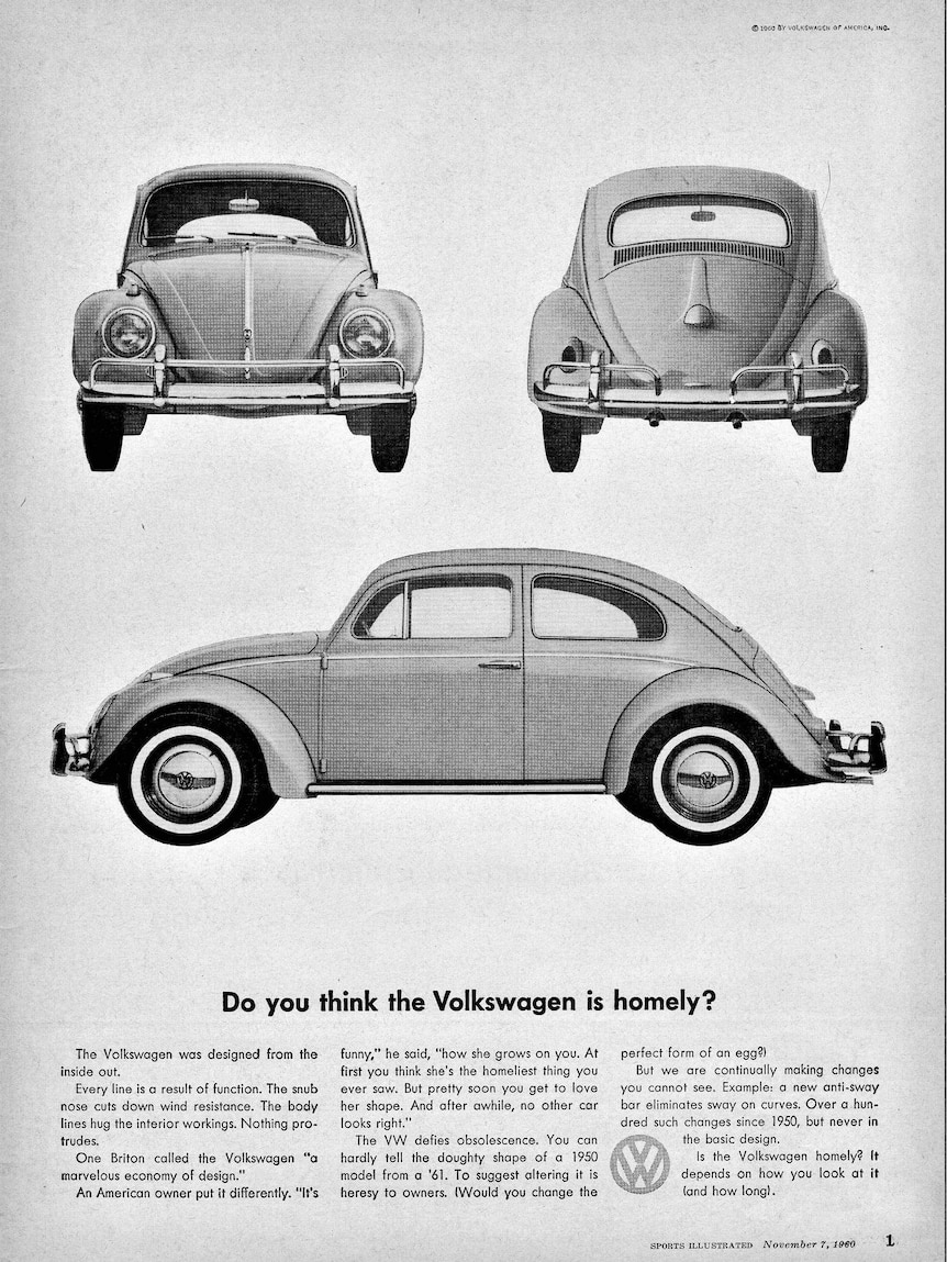 An A4 advertisement shows the Volkswagen Beetle's front, rear and side profiles with text running underneath it.