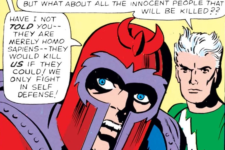 A panel from an X-Men comic featuring Magneto talking to Quicksilver.