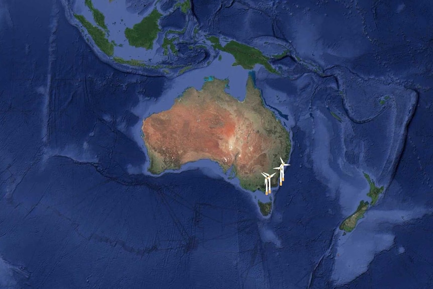 Satellite map of Australia with offshore windturbines.