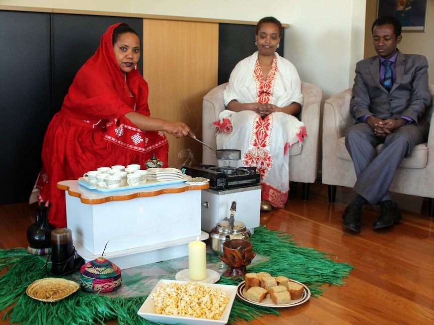 A traditional coffee ceremony at the Ethiopian embassy in Canberra.