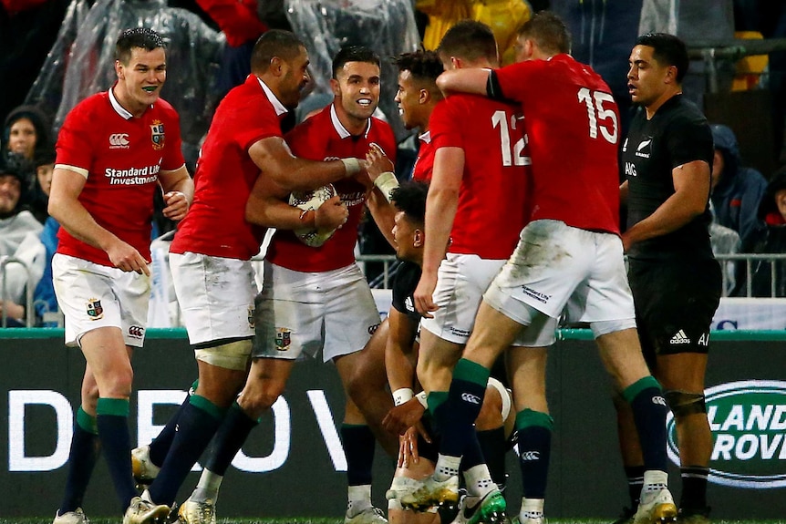 The British and Irish Lions celebrate Connor Murray's try against the All Blacks.