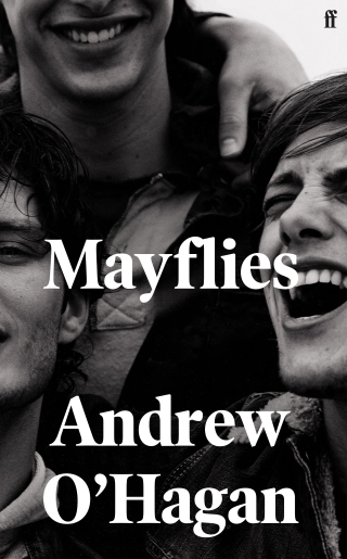 The book cover for Mayflies by Andrew O'Hagan, black and white image of young boys