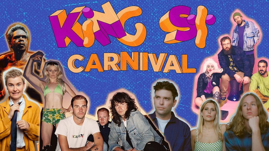 A collage of King Street Carnival 2022 acts: Alex The Astronaut, Yothu Yindi, Amyl & The Sniffers, Middle Kids, Hiatus Kaiyote