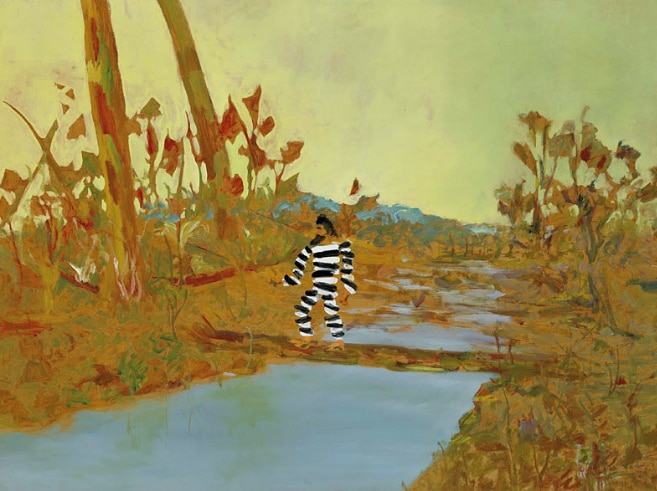 Painting of a man dressed in black and white stripes in the bush.