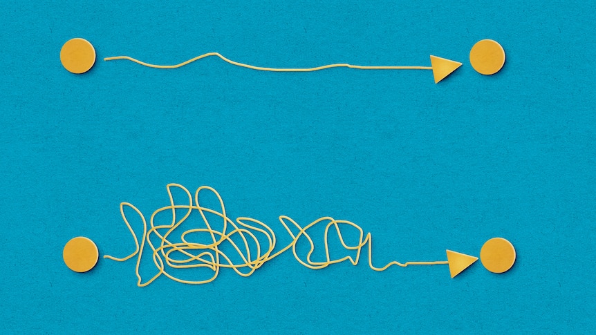 a straight yellow arrow is linking up two yellow dots. Another yellow arrow goes through a maze before linking up two dots.