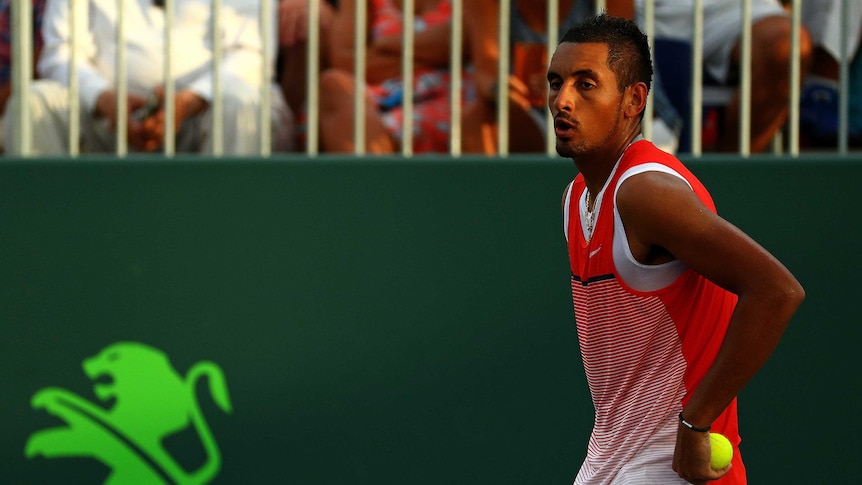 Australia's Nick Kyrgios plays against Tim Smyczek at the Miami Masters on March 28, 2016.