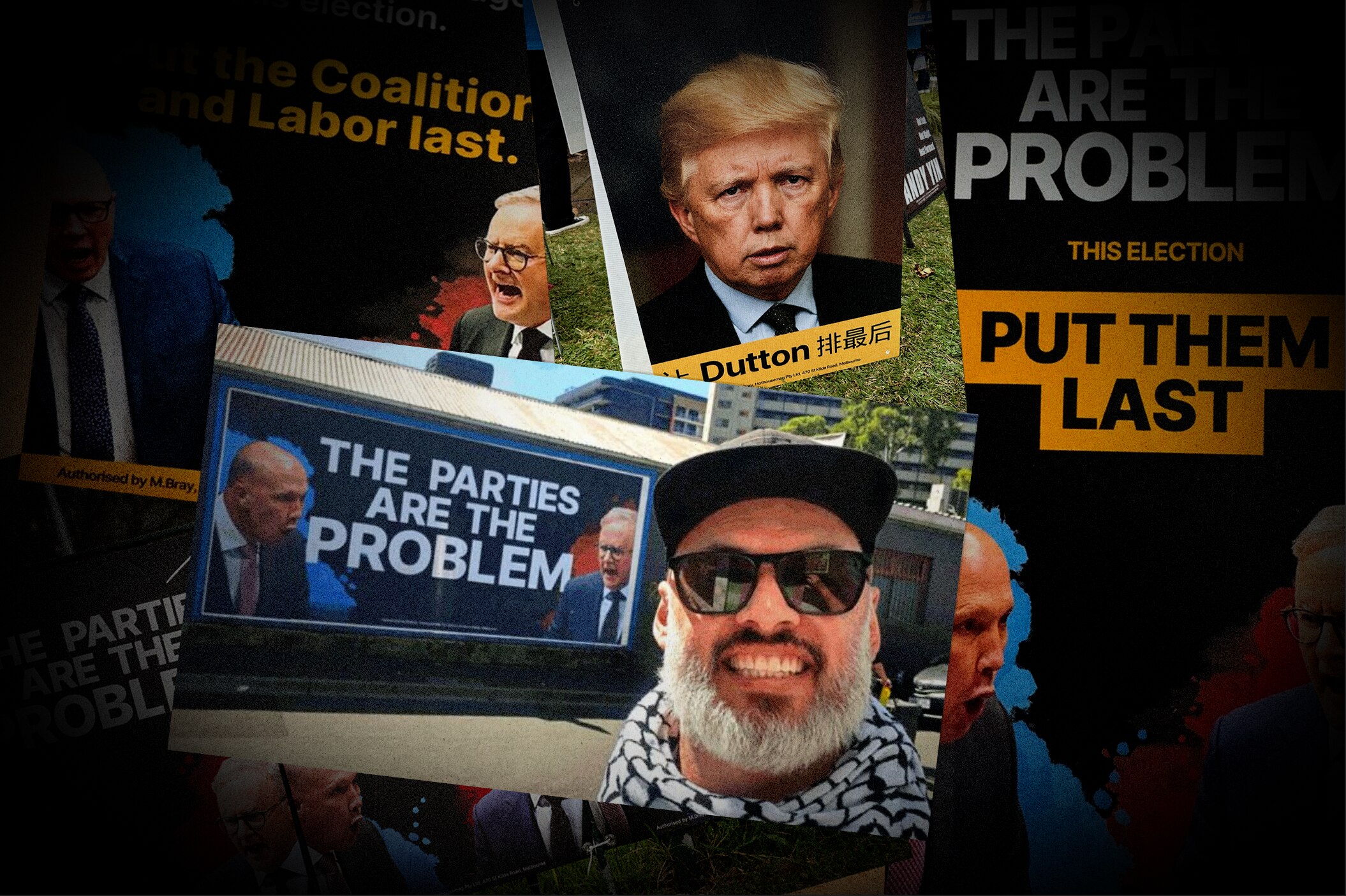 A man in front of a billboard which says "the parties are the problem"