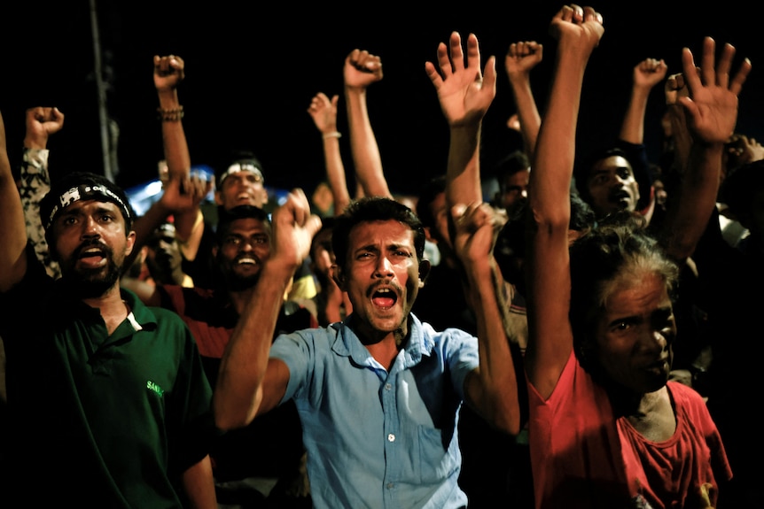 People raise their hands and cheer in celebration.