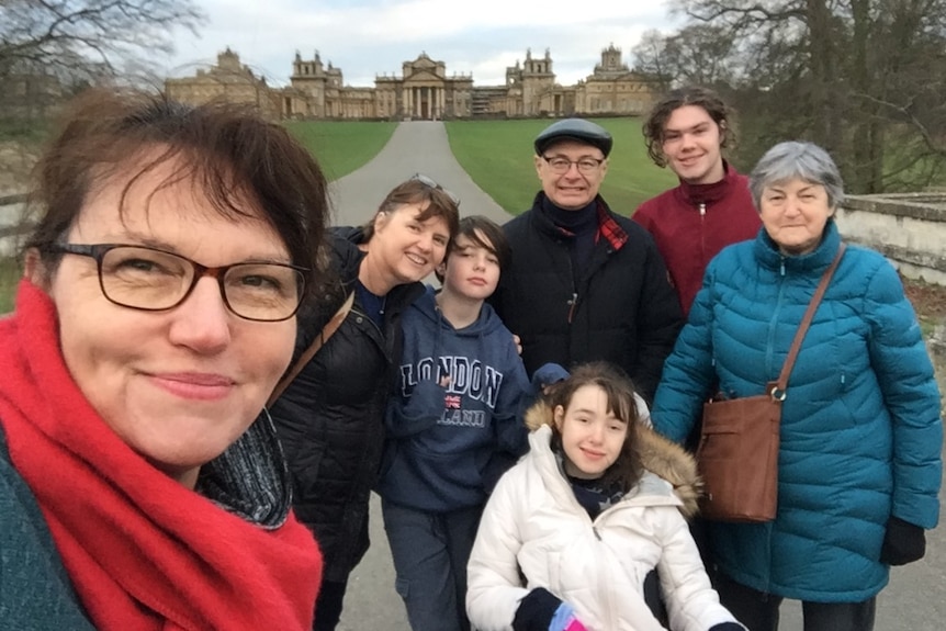 Liz Pickering with her daughter Poppy and the rest of the family they were travelling with