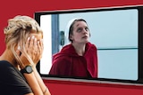A woman covers her eyes in front of a TV screen showing a scene from the program The Handmaid's Tale.