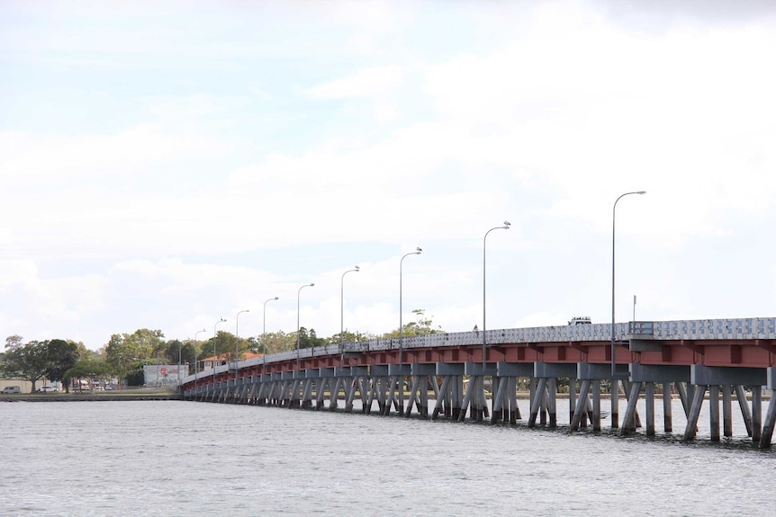 A bridge with with street lights, with pelicans roosting on the lights.