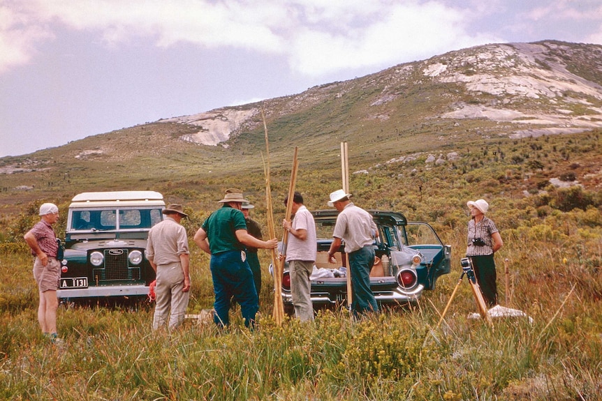 A team of researches in khakis at work in a scrub-dotted landscape at the bottom of a mountain.
