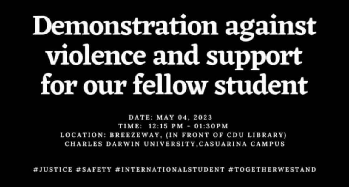 White text on black baground says the demonstration will be at 12.15pm at Breezeway in front of the CDU library on May 4