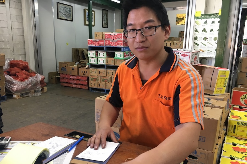 Vinh Nguyen is standing at the desk in his father's business at the Sydney Markets with fruits and vegetables in the background