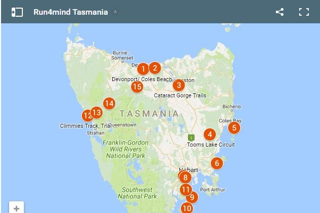 A map of Tasmania with numbers showing the route of a run