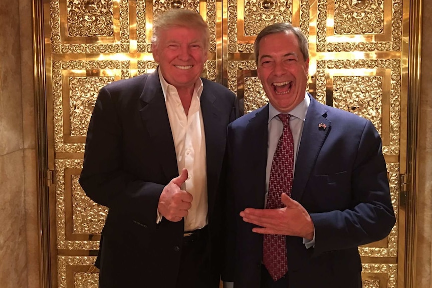 Donald Trump meets Nigel Farage in front of golden wall in Trump Tower
