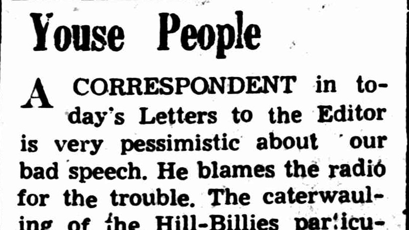 A screenshot of a 1949 newspaper article decrying the use of "youse".