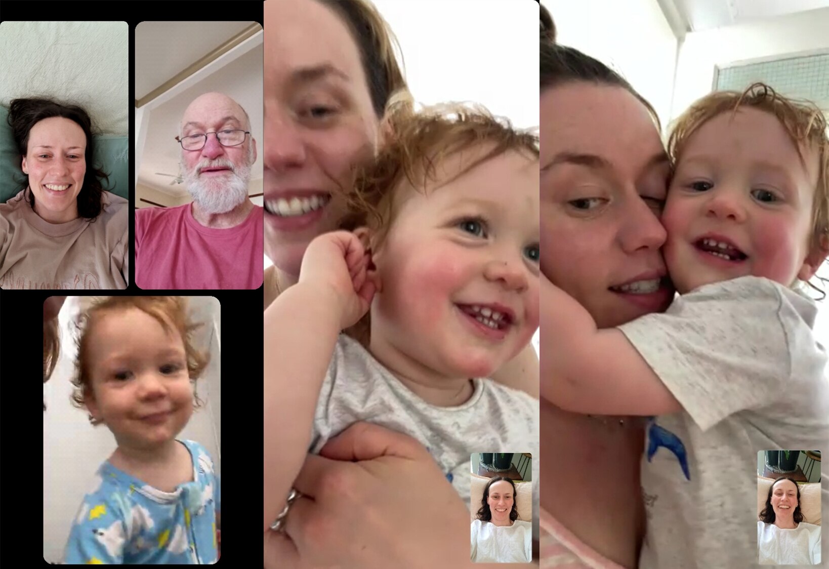Multiple screenshots of videocalls between a woman and members of her family