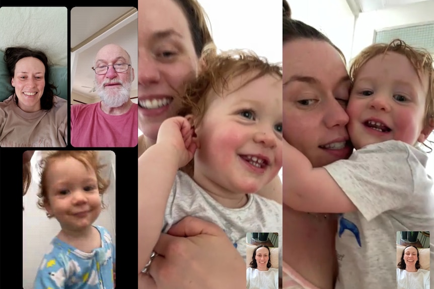 Multiple screenshots of videocalls between a woman and members of her family