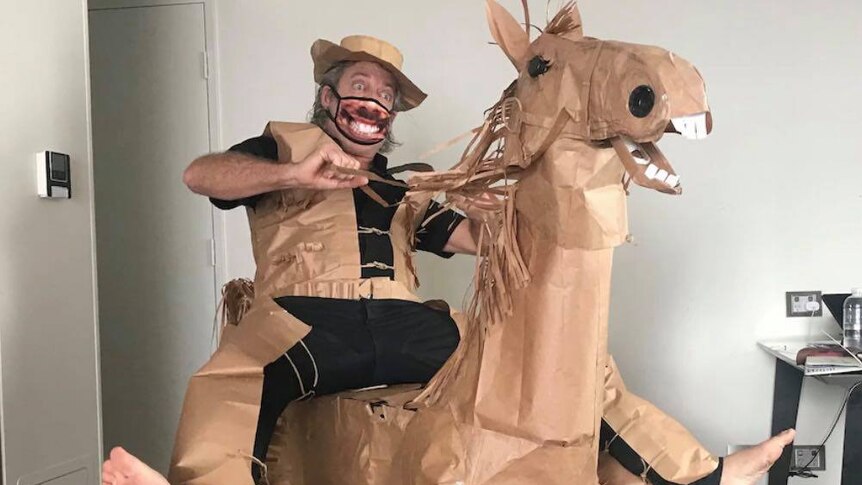 David Marriott as Rip Torn and his horse Russell, made completely from brown paper bags