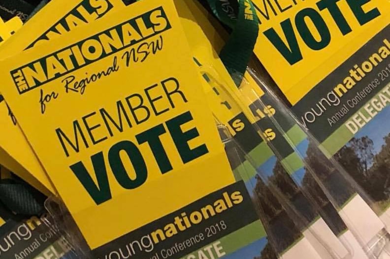 Yellow and green tags for the 2018 Nationals annual conference.