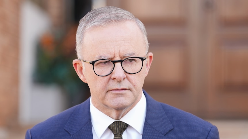 A close up of Labor's Anthony Albanese, wearing a navy suit jacket and dark-rimmed glasses.