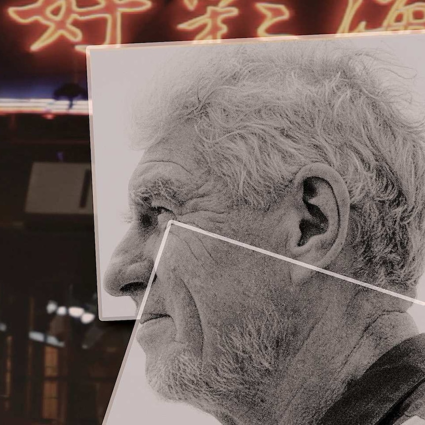 Detail of film poster. Black and white photo of Christopher Doyle, split over two white boxes, overlayed on a neon Chinese sign
