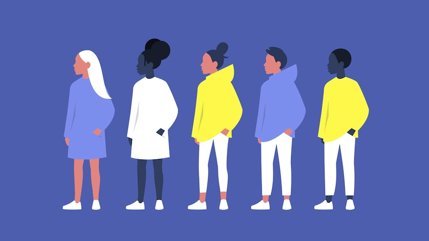 An illustration showing five teenagers in a row wearing hoodies, dresses and sneakers