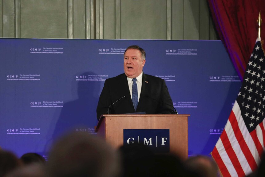 US Secretary of State Mike Pompeo speaks at the ornate Concert Noble in Brussels