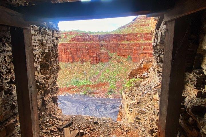 The view of a gorge at Wittenoom from inside an old mine shaft