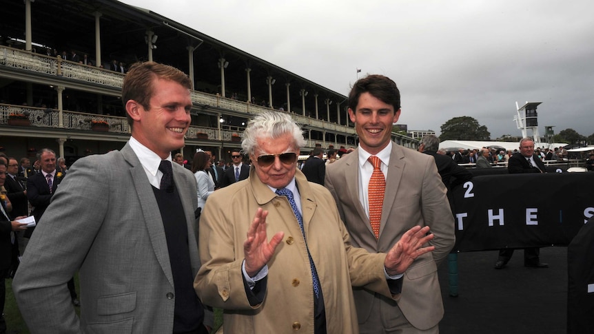 Trainer Bart Cummings with grandsons Edward (left) and James (right) at Randwick on October 6, 2012.