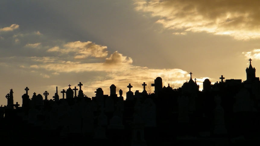A line of graves at dusk.