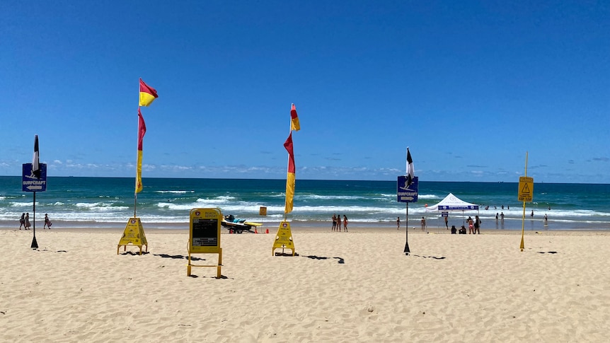a beach with red and yellow flags