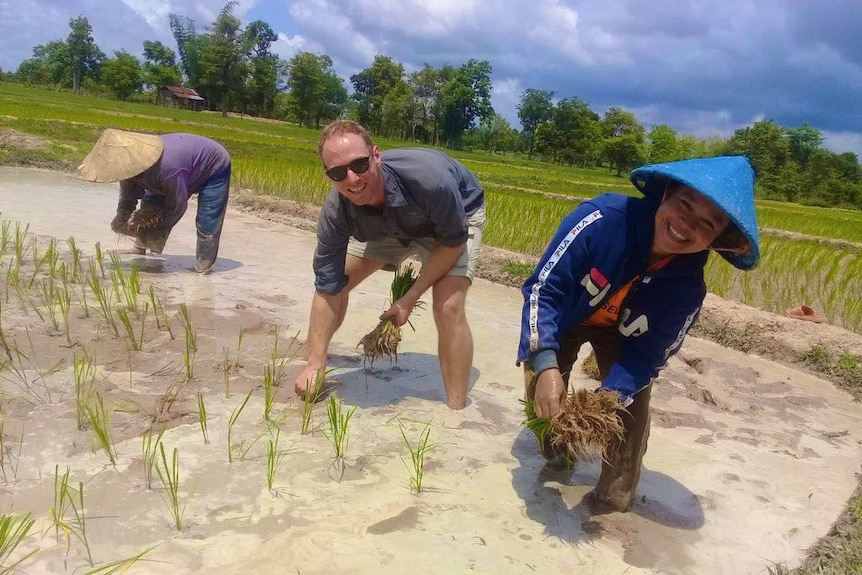 People planting rice by hand