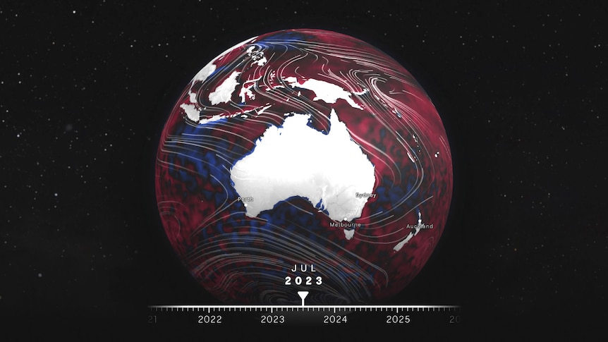 A globe centred on Australia showing sea surface temperature patterns in red and blue with a time scale labelled July 2023