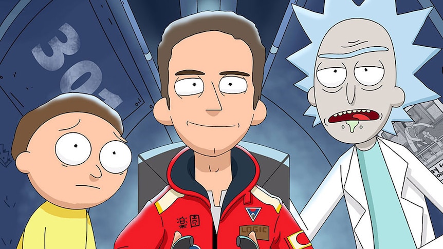 Rick & Morty with rapper logic, animated in the style of the Adult Swim cartoon
