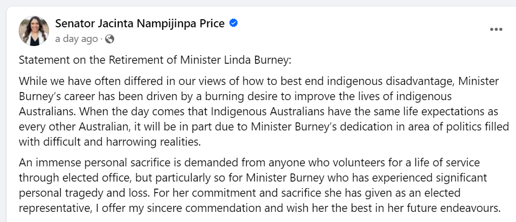 Text of Jacinta Price's Facebook tribute to Linda Burney