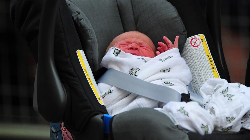 Baby son of Duke and Duchess of Cambridge, in car seat