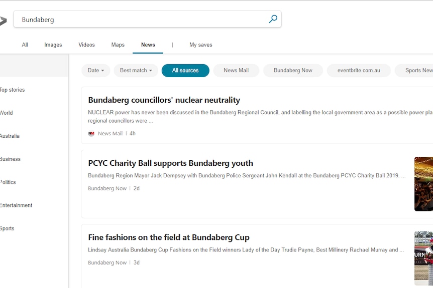 A screenshot of the results on the website Bing News when you search for Bundaberg