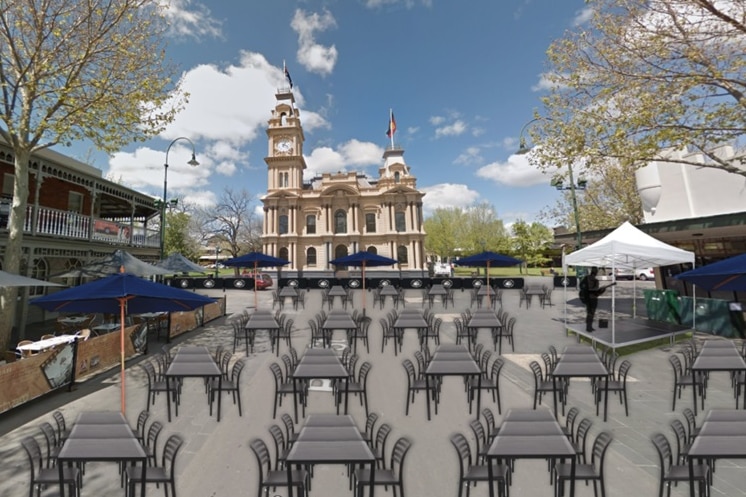 An artistic impression places tables and chairs in the middle of a street in Victoria.