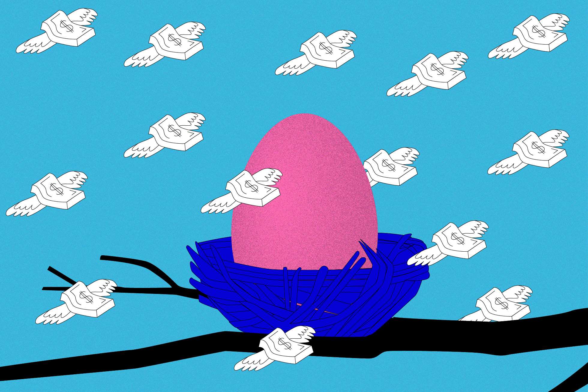 An illustration of a pink egg in a blue nest with flying money notes with dollar signs on them