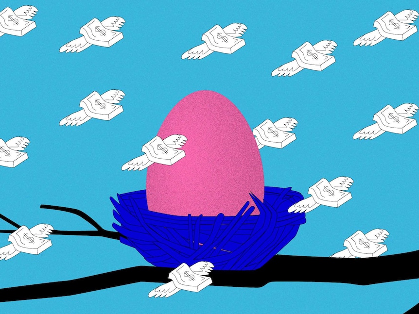 An illustration of a pink egg in a blue nest with flying money notes with dollar signs on them