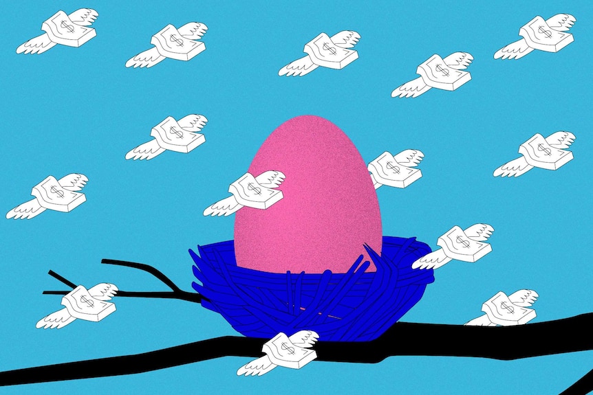 An illustration of a pink egg in a blue nest with flying money notes with dollar signs on them