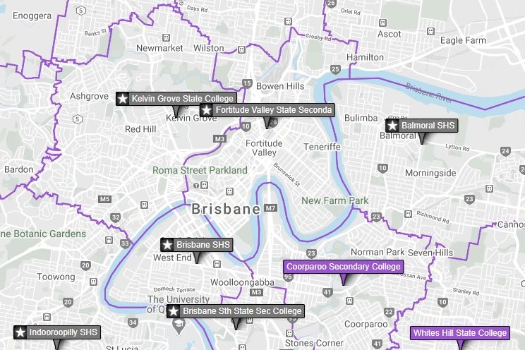 An image showing a map of inner Brisbane with state school catchment zones