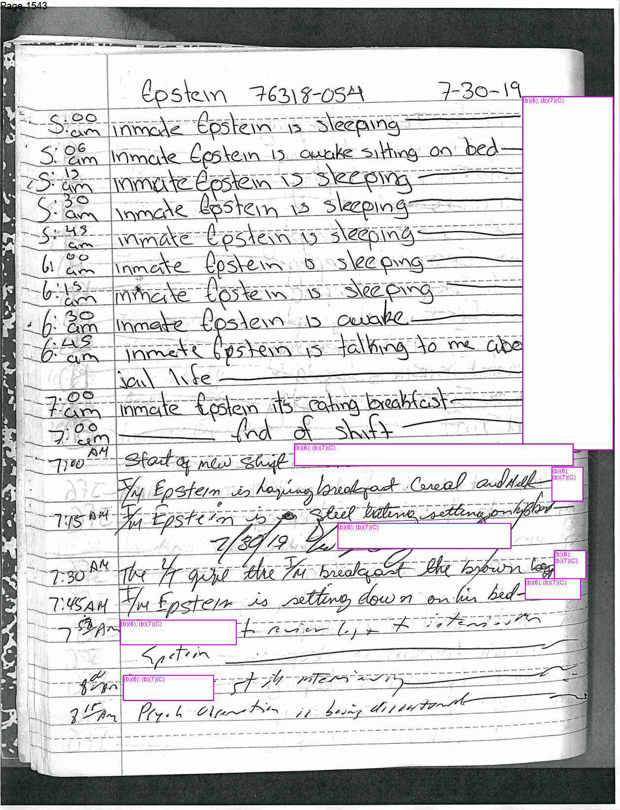 A handwritten document which describes Epsteins routine. 