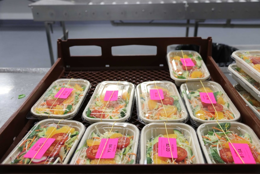 A tray of food prepared for people in quarantine in Howard Springs, near Darwin.