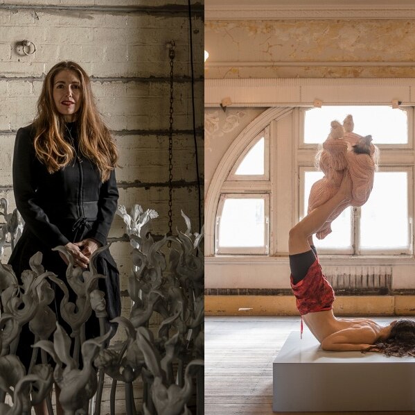 A woman stands among small sculptures. She has long dark hair and a black coat. Right image is a lifelike sculpture.