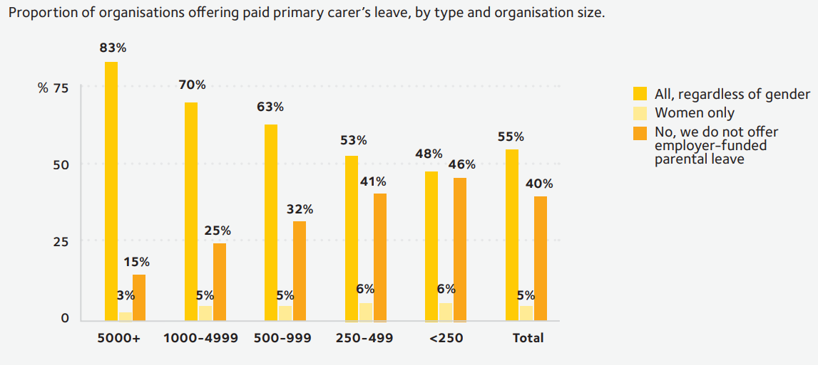 Large employers are far more likely to offer paid parental leave to primary carers.