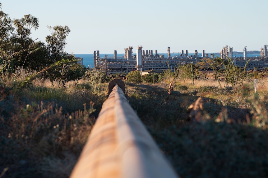 Gran tubería con infraestructura de planta de gas en el fondo